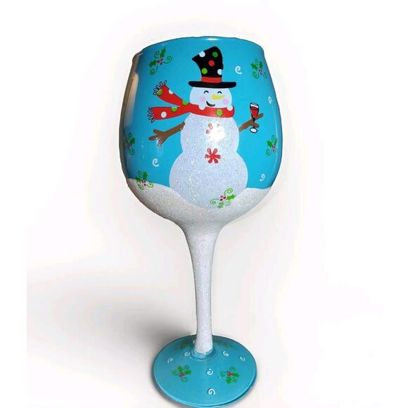 Christmas Handblown Wine Water Glass Hand Painted Blue Snowman Adult Humor Gift - Picture 1 of 8